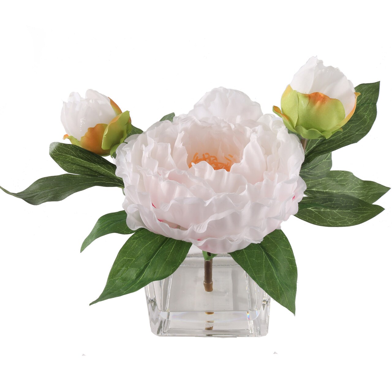 White & Pink Peony Arrangement in Elegant Glass Square Vase - Lifelike Artificial Flowers for Home, Office & Event Decor - Floral Home by Artificial Flowers
